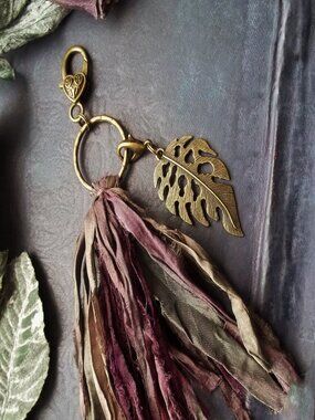 Tassel Keychain Handmade Sari Silk Ribbon Boho Bag Charm Leaf